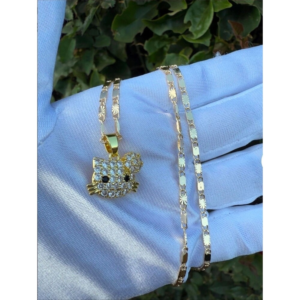 14k Yellow Gold Plated Hello Kitty Pendent With Diamond Cut Mariner 18" Chain